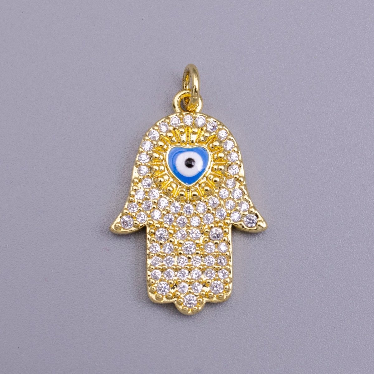 16K Gold Filled Blue, White Evil Eye Enamel Micro Paved CZ Hamsa Hand Charm | AC1334 AC1335 - DLUXCA