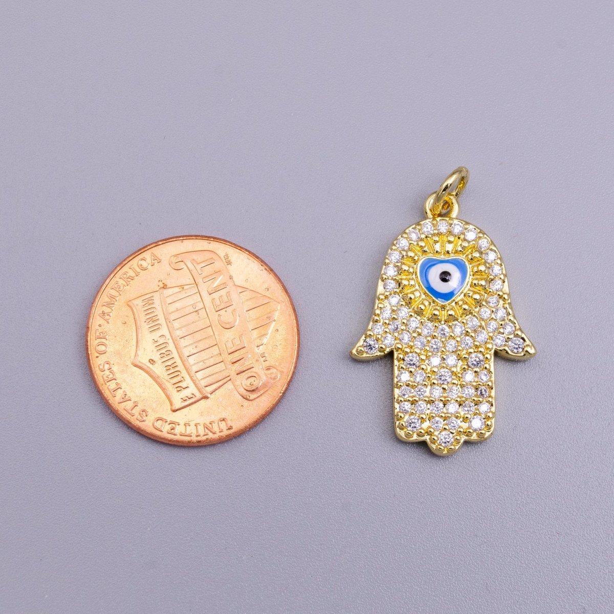 16K Gold Filled Blue, White Evil Eye Enamel Micro Paved CZ Hamsa Hand Charm | AC1334 AC1335 - DLUXCA