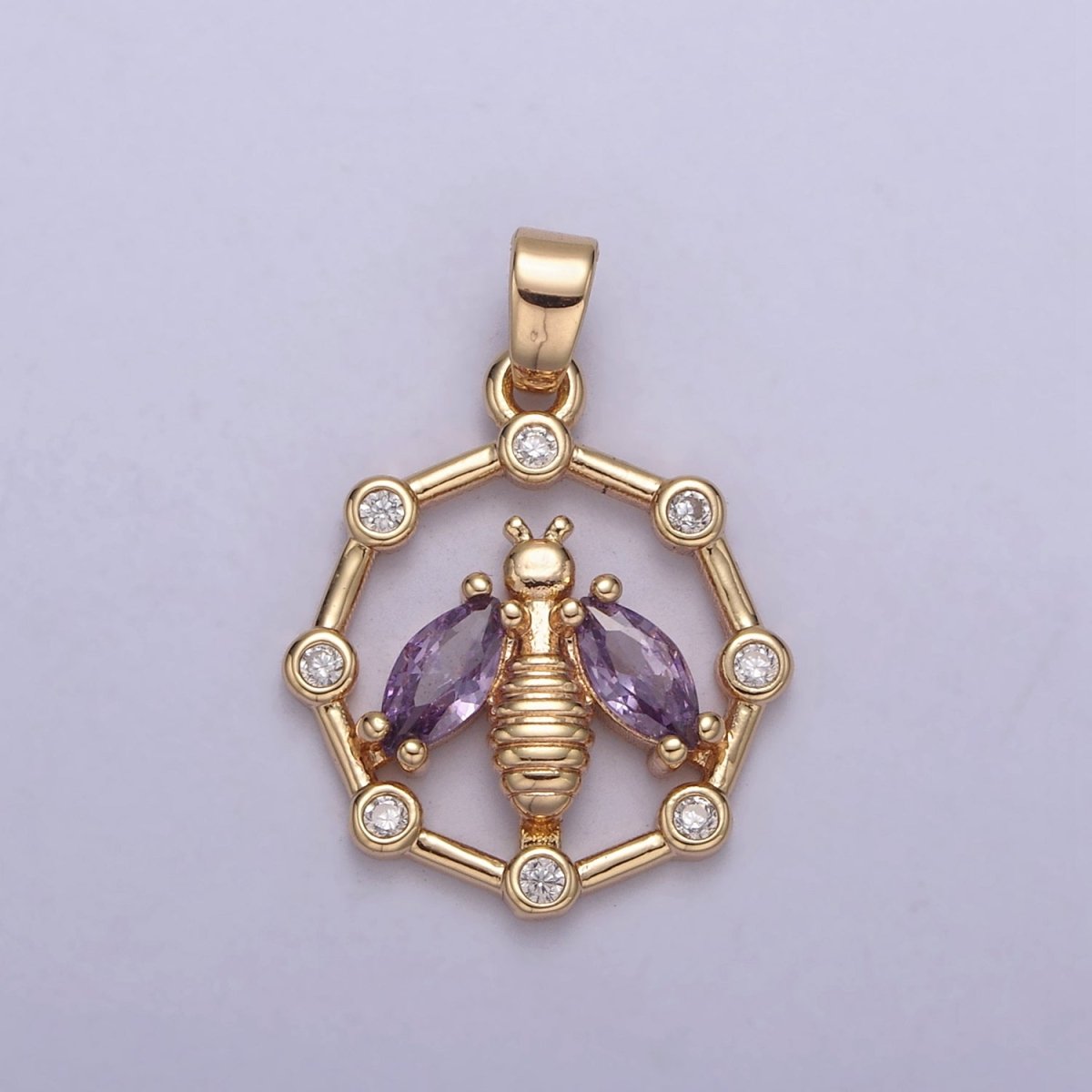 16K Gold Filled Bumble Bee Hexagonal Green, Pink, Clear, Purple CZ Point Open Pendant H-406 H-408 H-409 H-410 - DLUXCA