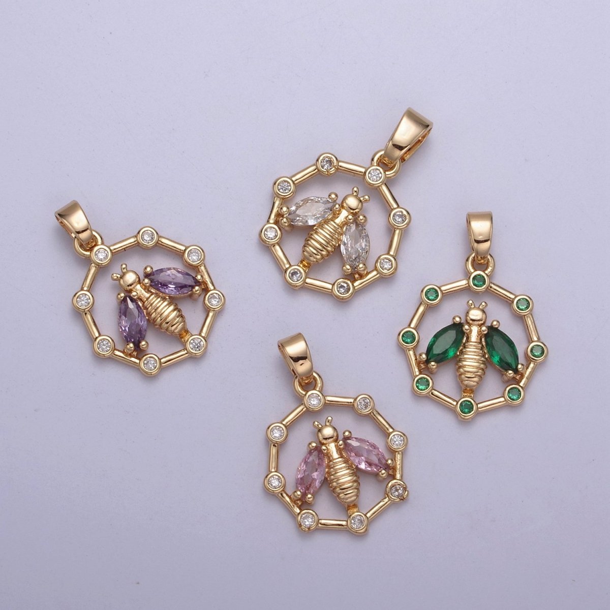 16K Gold Filled Bumble Bee Hexagonal Green, Pink, Clear, Purple CZ Point Open Pendant H-406 H-408 H-409 H-410 - DLUXCA