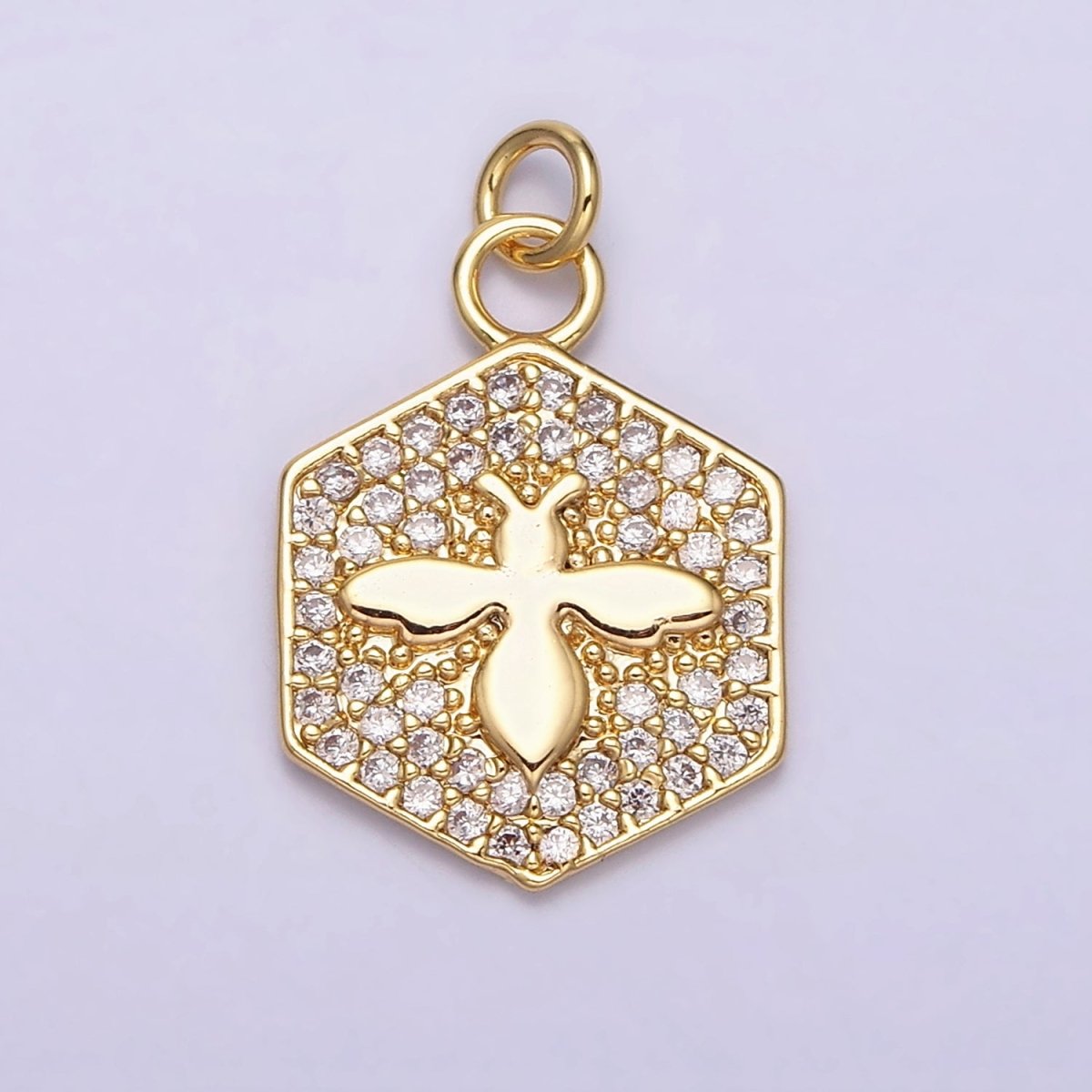 16K Gold Filled Bumble Queen Bee Micro Paved CZ Hexagon Add-On Charm in Gold & Silver | AC1065 AC1066 - DLUXCA