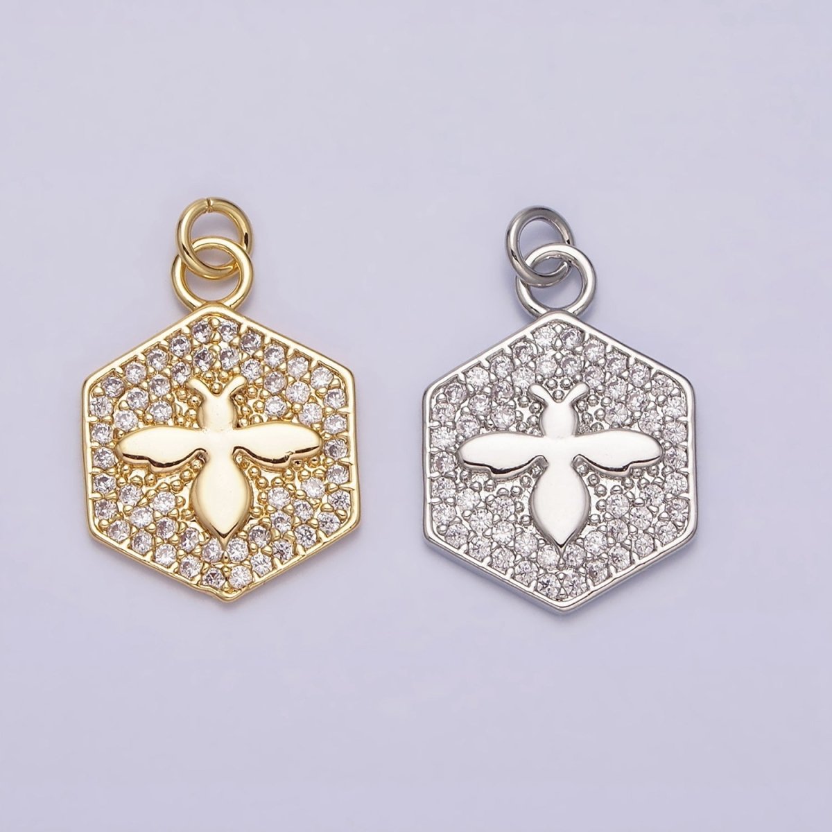 16K Gold Filled Bumble Queen Bee Micro Paved CZ Hexagon Add-On Charm in Gold & Silver | AC1065 AC1066 - DLUXCA