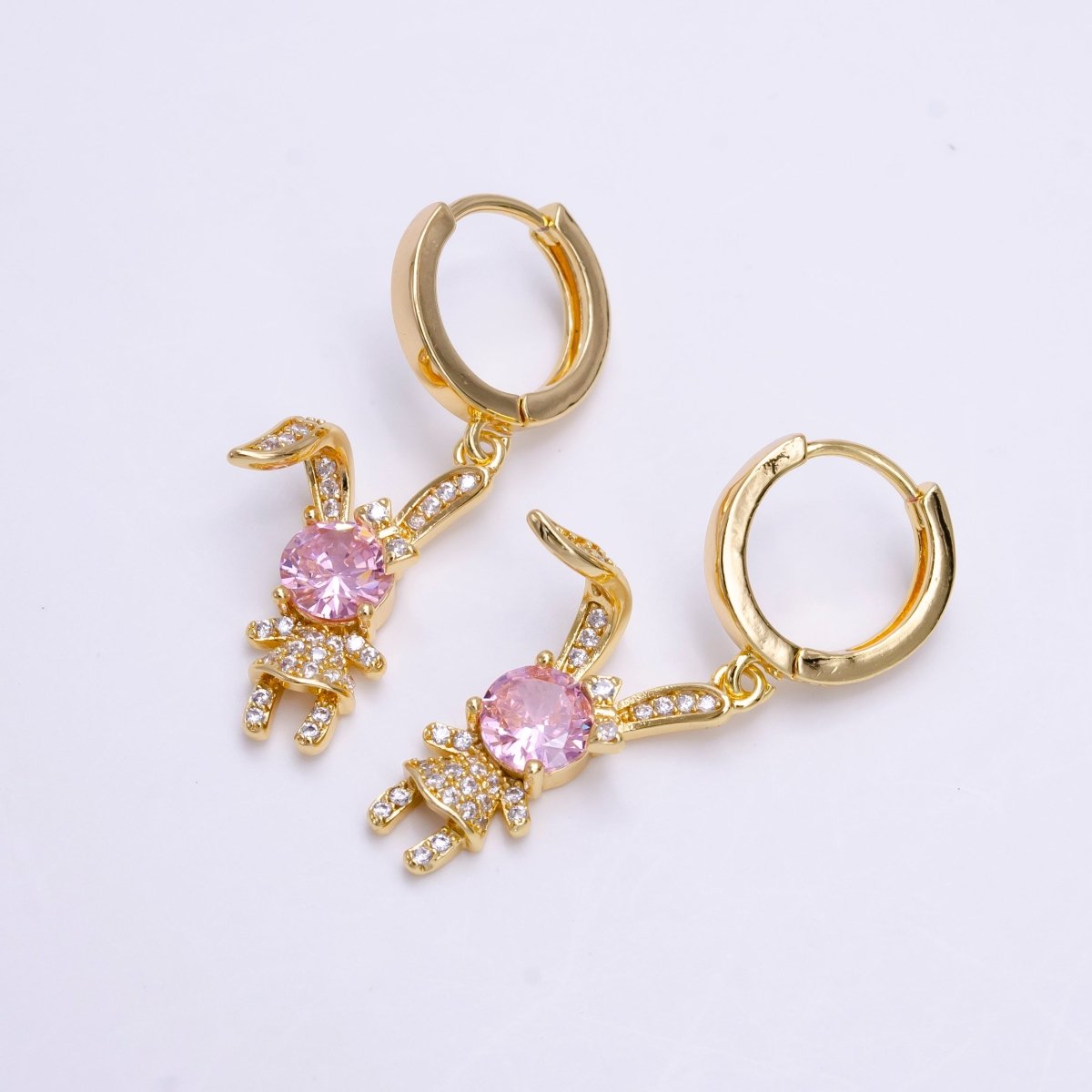 16K Gold Filled Bunny Rabbit Clear, Pink CZ Micro Paved Drop Huggie Earrings in Gold & Silver | AD1227 AE822 - AE824 - DLUXCA