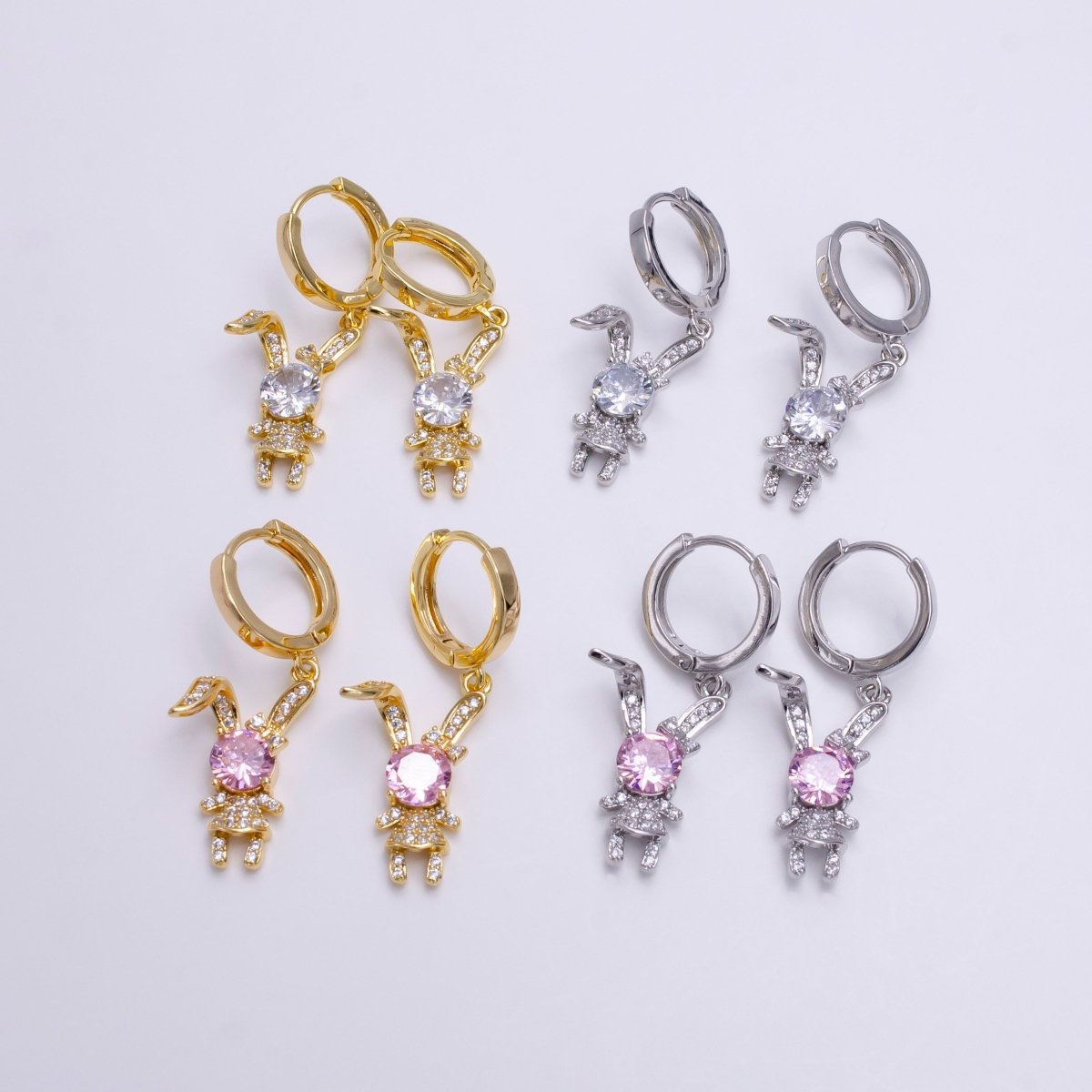 16K Gold Filled Bunny Rabbit Clear, Pink CZ Micro Paved Drop Huggie Earrings in Gold & Silver | AD1227 AE822 - AE824 - DLUXCA