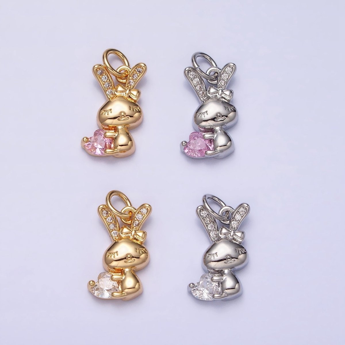 16K Gold Filled Bunny Rabbit Hugging Clear, Pink Heart CZ Add-On Charm | AC1185 - AC1188 - DLUXCA