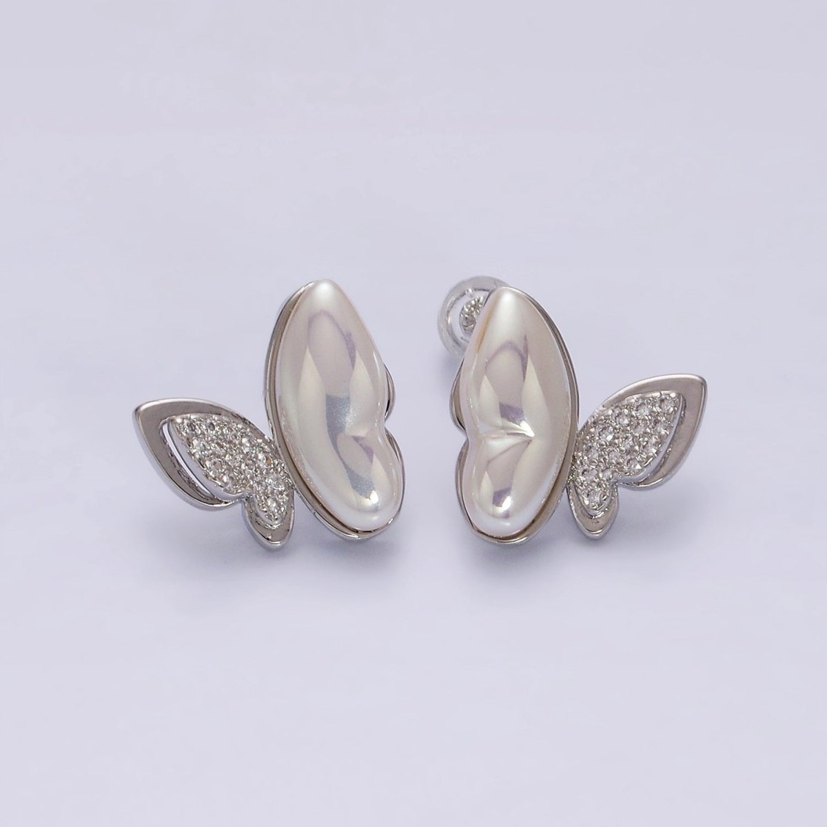 16K Gold Filled Butterfly Mariposa Pearl Micro Paved CZ Wings Stud Earrings Set in Gold & Silver | Y-885 Y-886 - DLUXCA