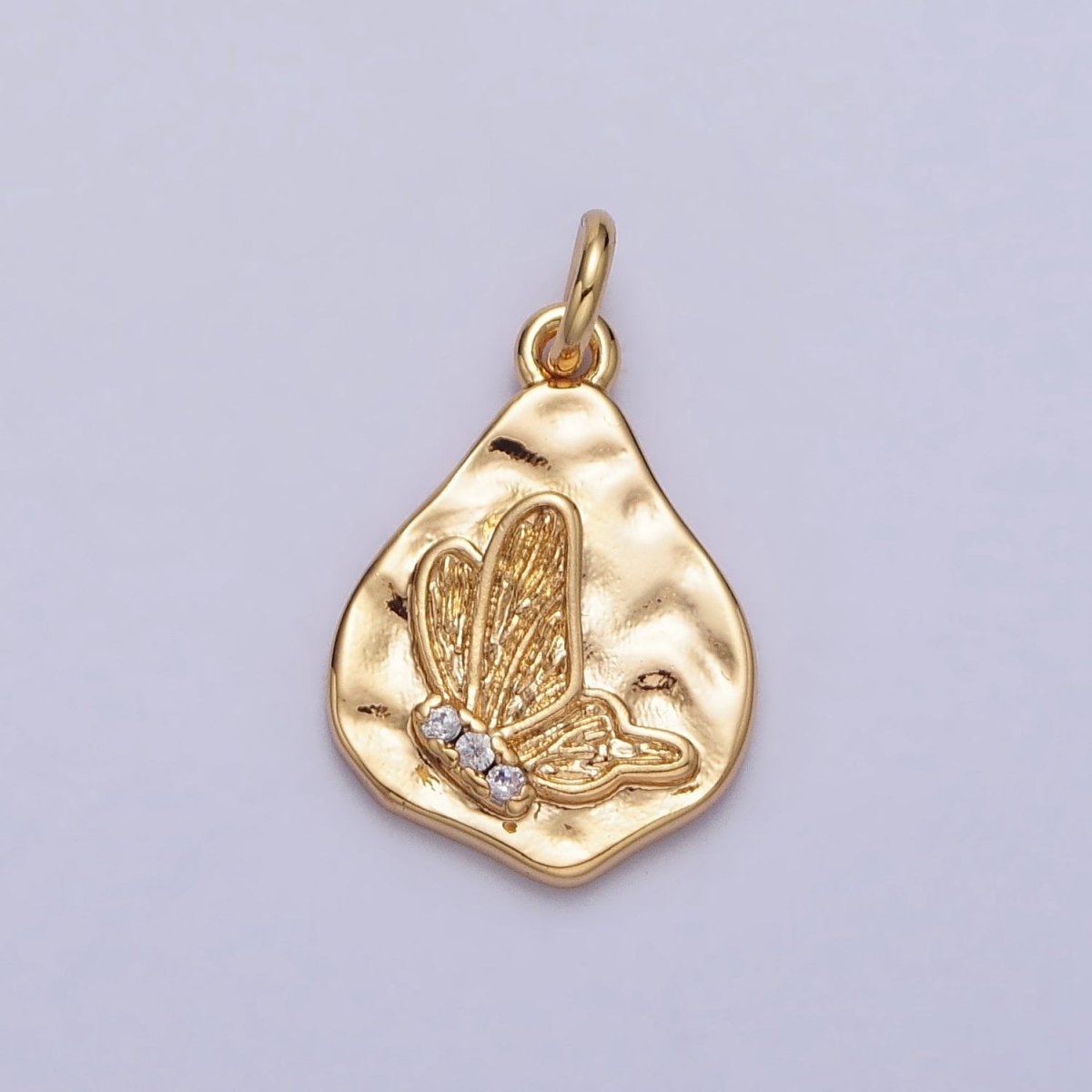 16K Gold Filled Butterfly Micro Paved CZ Abstract Hammered Charm in Gold & Silver | A-928 - DLUXCA