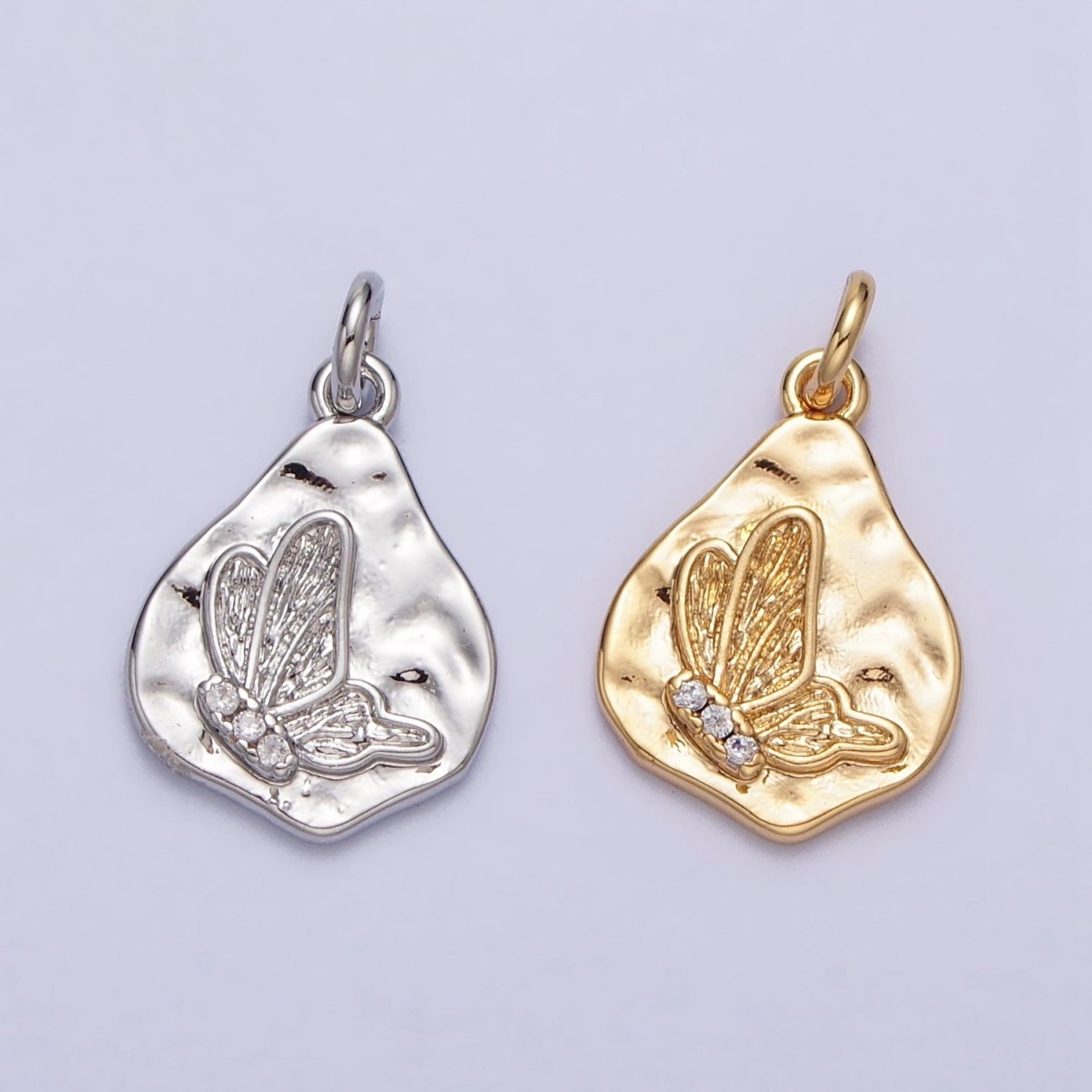 16K Gold Filled Butterfly Micro Paved CZ Abstract Hammered Charm in Gold & Silver | A-928 - DLUXCA