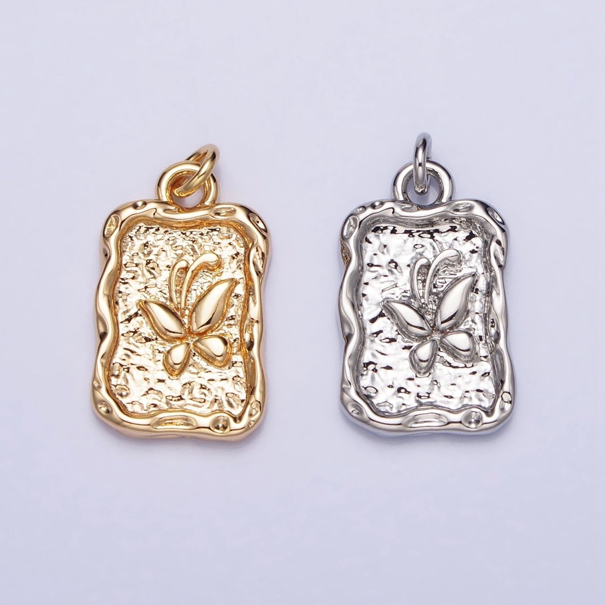 16K Gold Filled Butterfly Textured Hammered Rectangular Stamped Charm in Gold & Silver | AC393 AC394 - DLUXCA