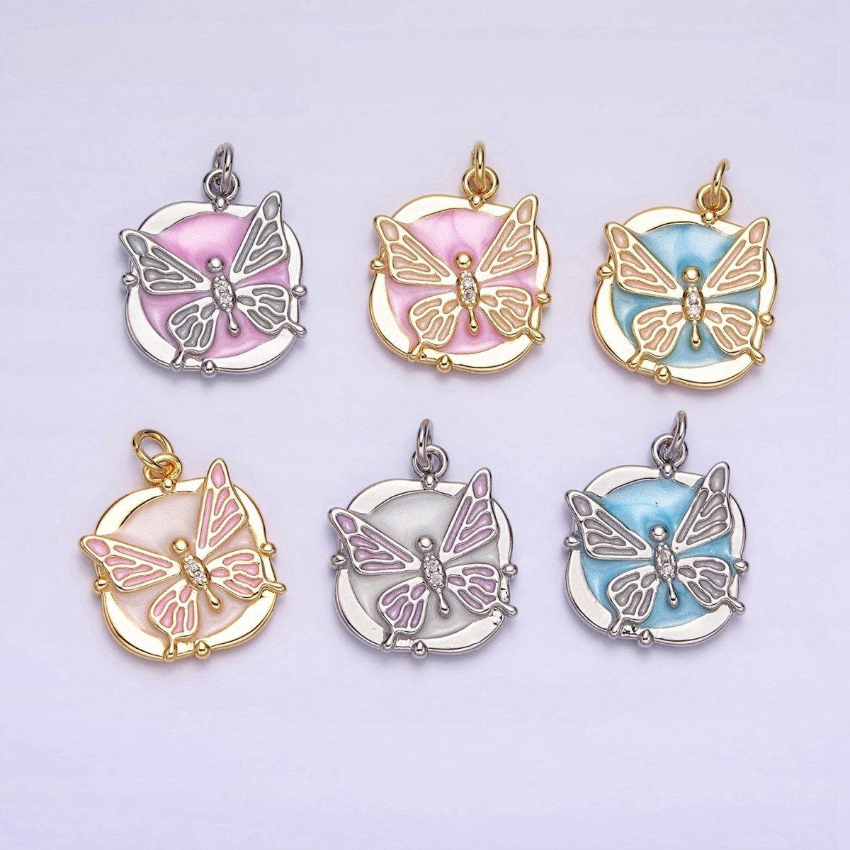 16K Gold Filled Butterfly White, Pink, Blue Sparkly Enamel Round Square Charm in Gold & Silver | AC1549 - AC1554 - DLUXCA