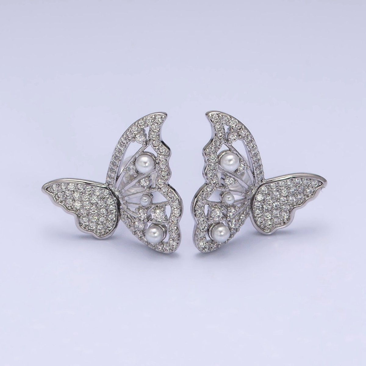 16K Gold Filled Butterfly Wings Pearl Micro Paved CZ Stud Earrings Set in Gold & Silver | AD1322 AD1342 - DLUXCA