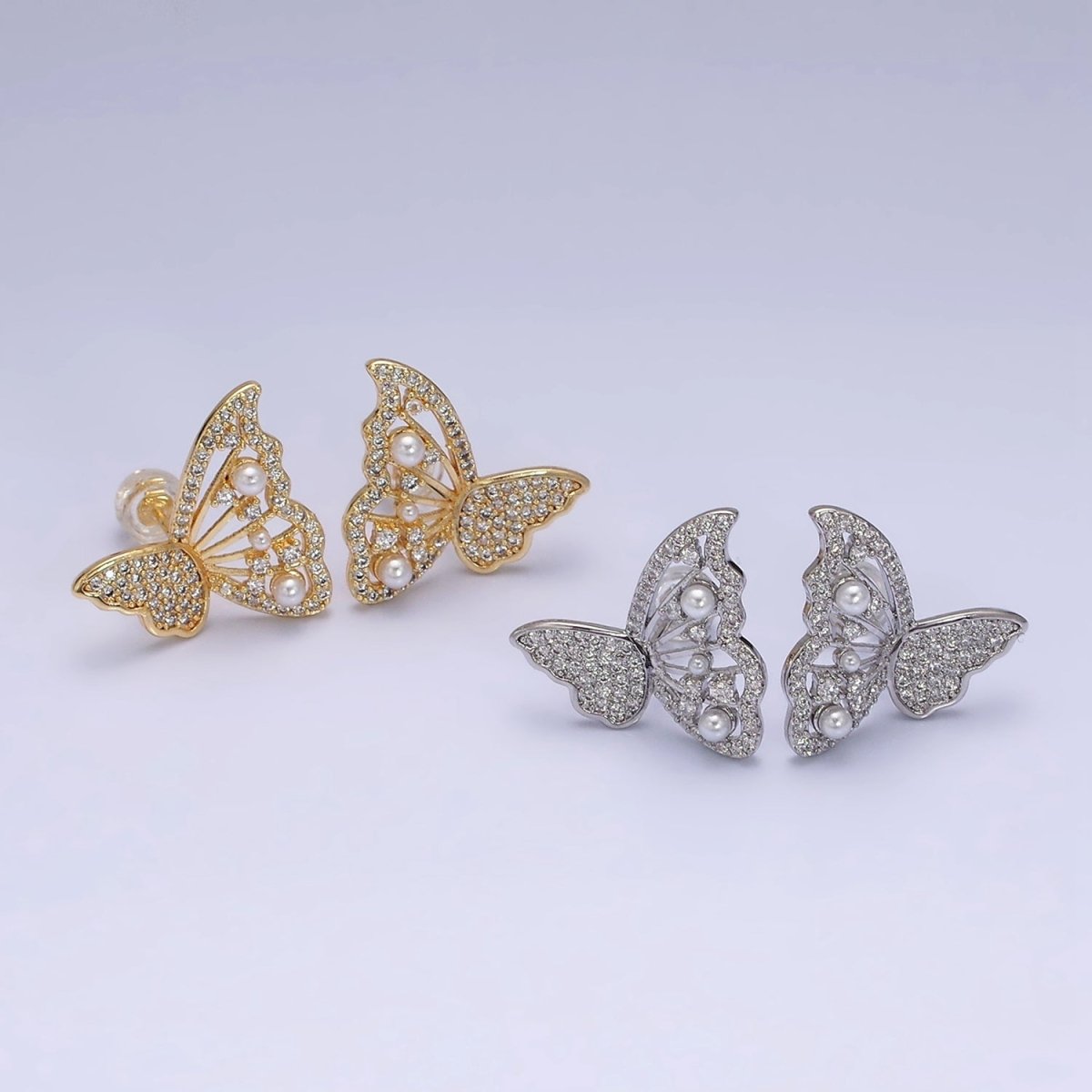 16K Gold Filled Butterfly Wings Pearl Micro Paved CZ Stud Earrings Set in Gold & Silver | AD1322 AD1342 - DLUXCA