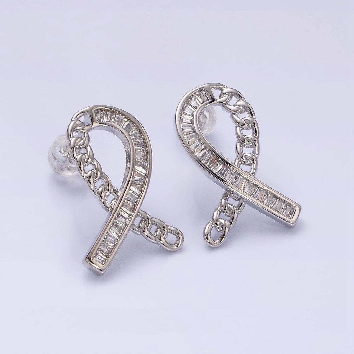 16K Gold Filled Cancer Awareness Ribbon Curb Link Baguette Lined Stud Earrings in Gold & Silver | AD990 AD991 - DLUXCA