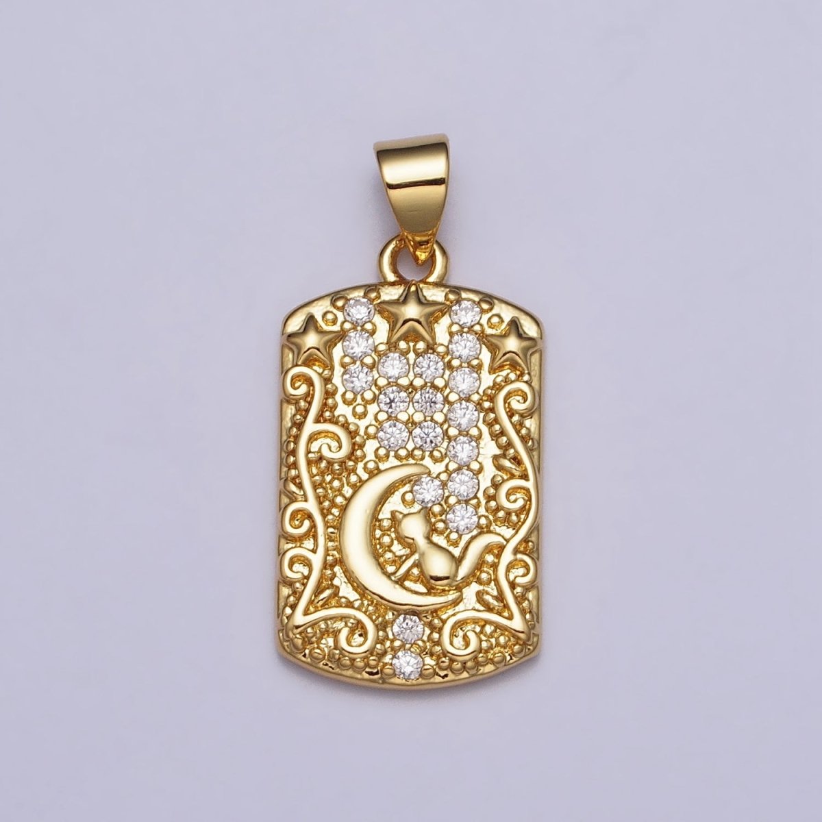 16K Gold Filled Cat Animal Celestial Crescent Moon Clear CZ Micro Paved Rectangular Tag Pendant | AA082 - DLUXCA