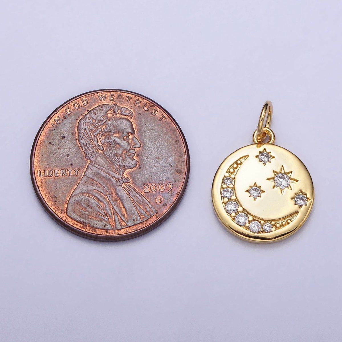 16K Gold Filled Celestial Crescent Moon Micro Paved CZ Round Charm in Gold & Silver | AC1282 AC1283 - DLUXCA