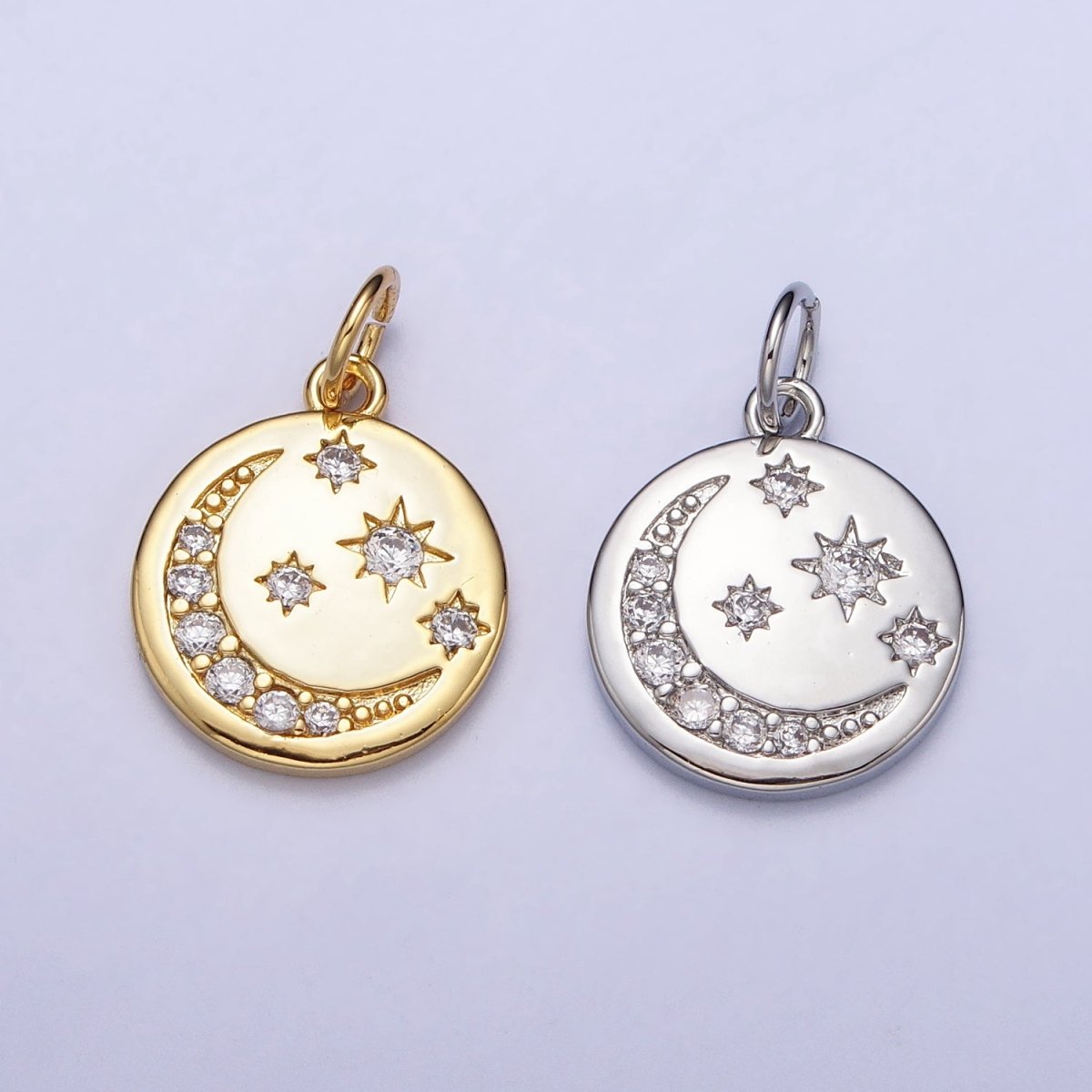 16K Gold Filled Celestial Crescent Moon Micro Paved CZ Round Charm in Gold & Silver | AC1282 AC1283 - DLUXCA