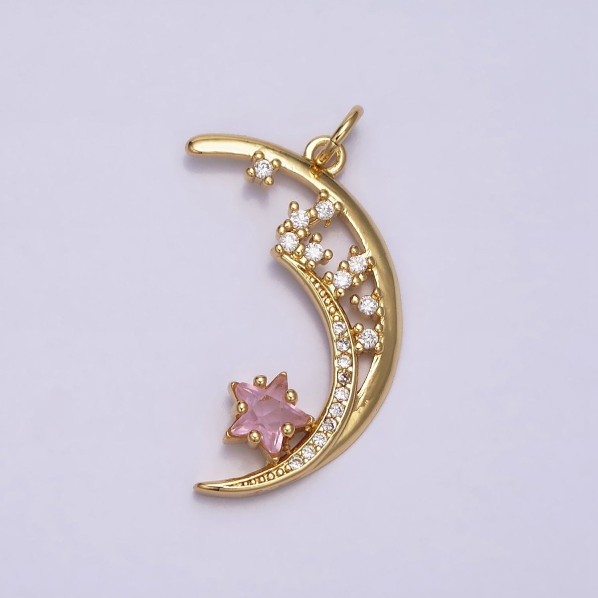16K Gold Filled Celestial Crescent Moon Pink Star Micro Paved CZ Charm | AA483 - DLUXCA