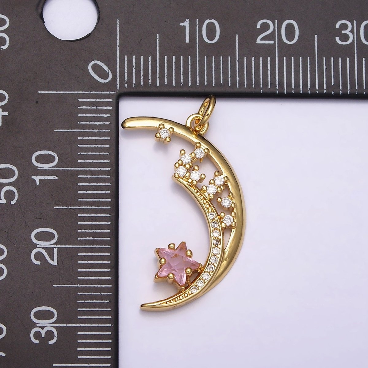 16K Gold Filled Celestial Crescent Moon Pink Star Micro Paved CZ Charm | AA483 - DLUXCA