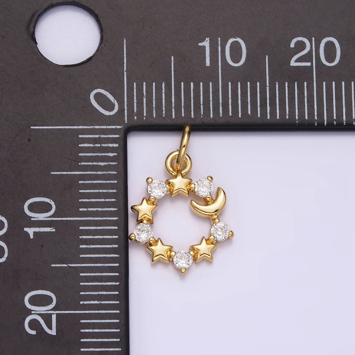 16K Gold Filled Celestial Crescent Moon Star Clear CZ Open Round Charm | N978 - DLUXCA