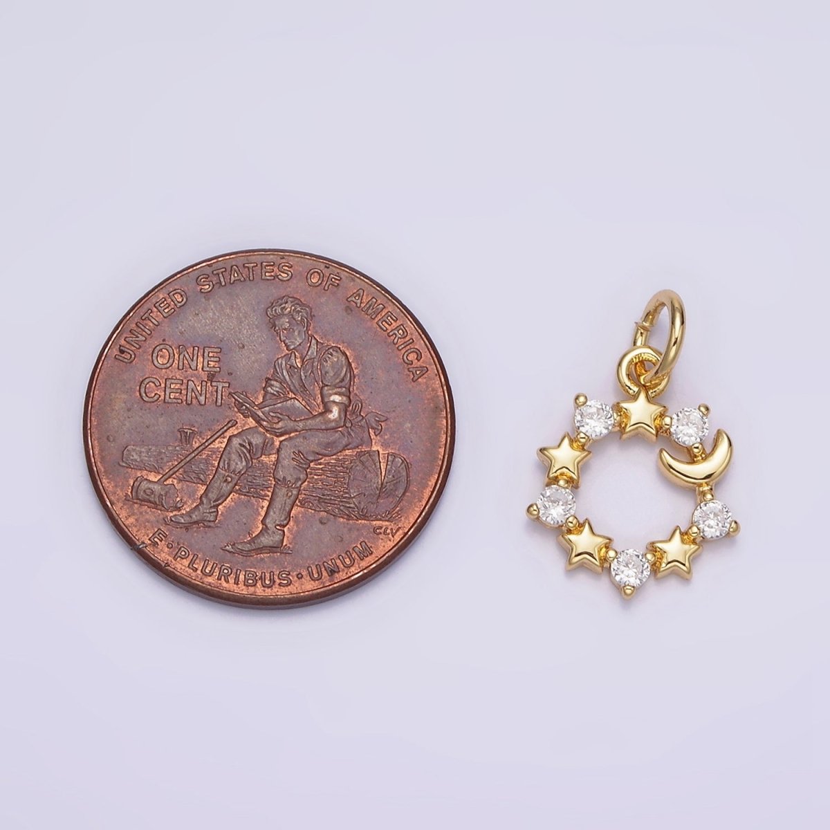 16K Gold Filled Celestial Crescent Moon Star Clear CZ Open Round Charm | N978 - DLUXCA