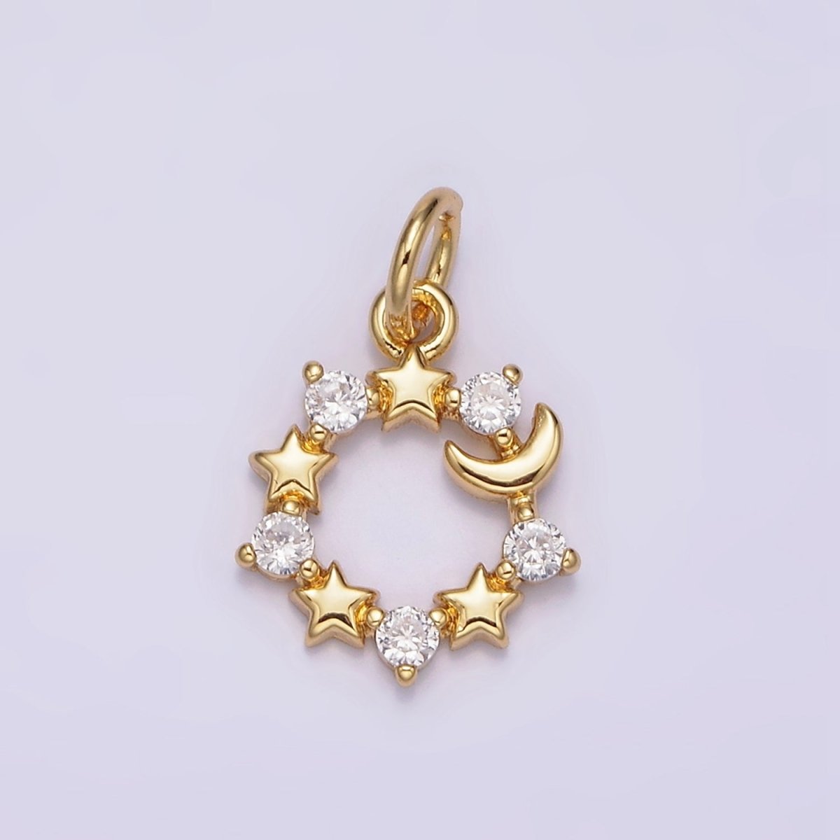 16K Gold Filled Celestial Crescent Moon Star Clear CZ Open Round Charm | N978 - DLUXCA