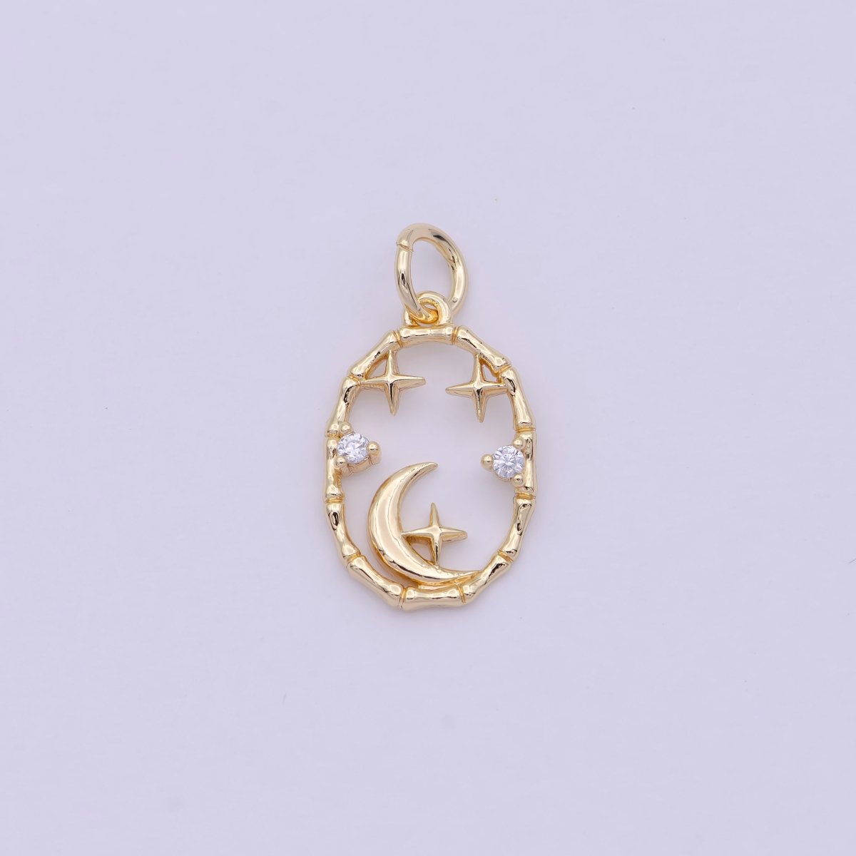 16K Gold Filled Celestial Crescent Moon Stars CZ Open Oval Charm in Gold & Silver N-247 AC-275 - DLUXCA