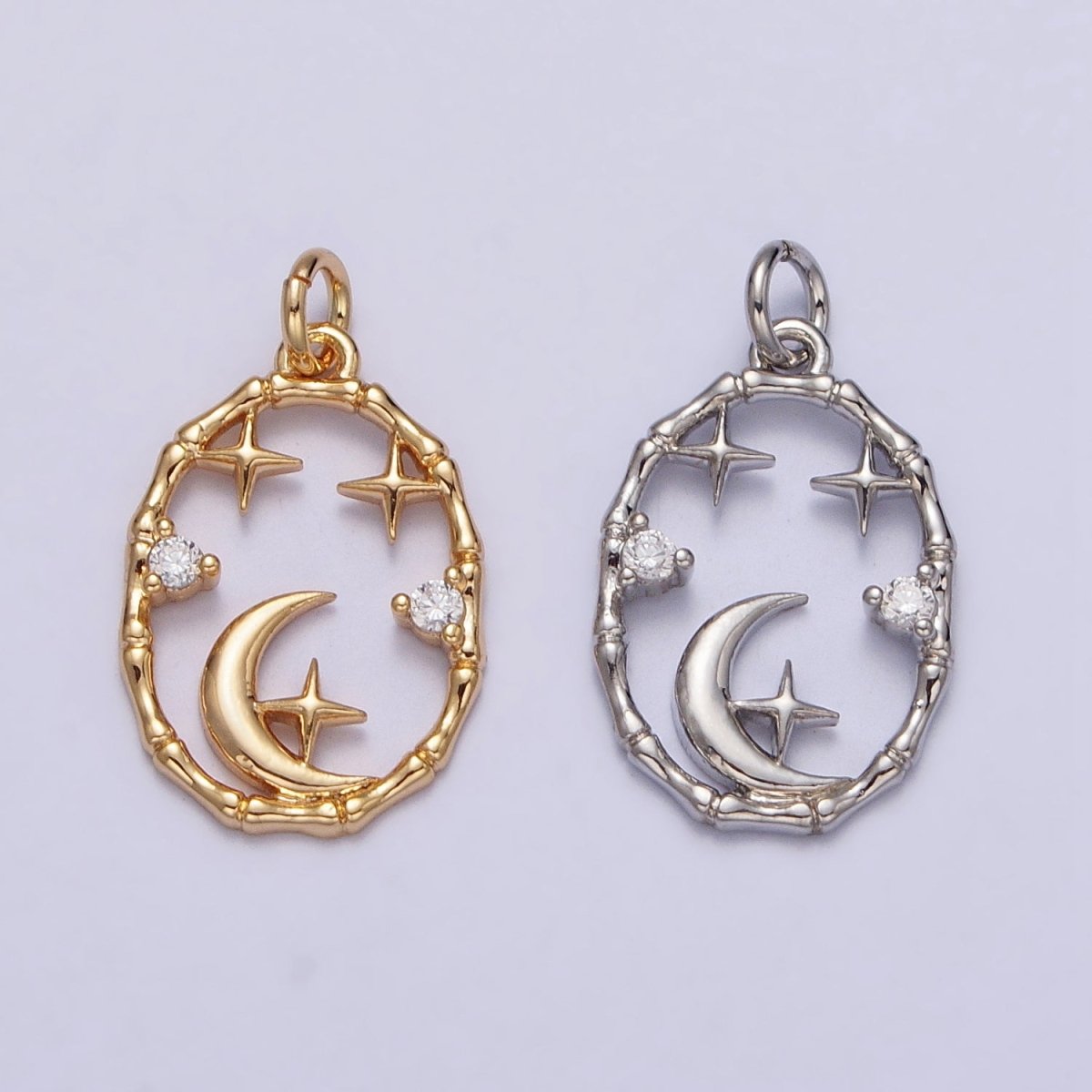 16K Gold Filled Celestial Crescent Moon Stars CZ Open Oval Charm in Gold & Silver N-247 AC-275 - DLUXCA