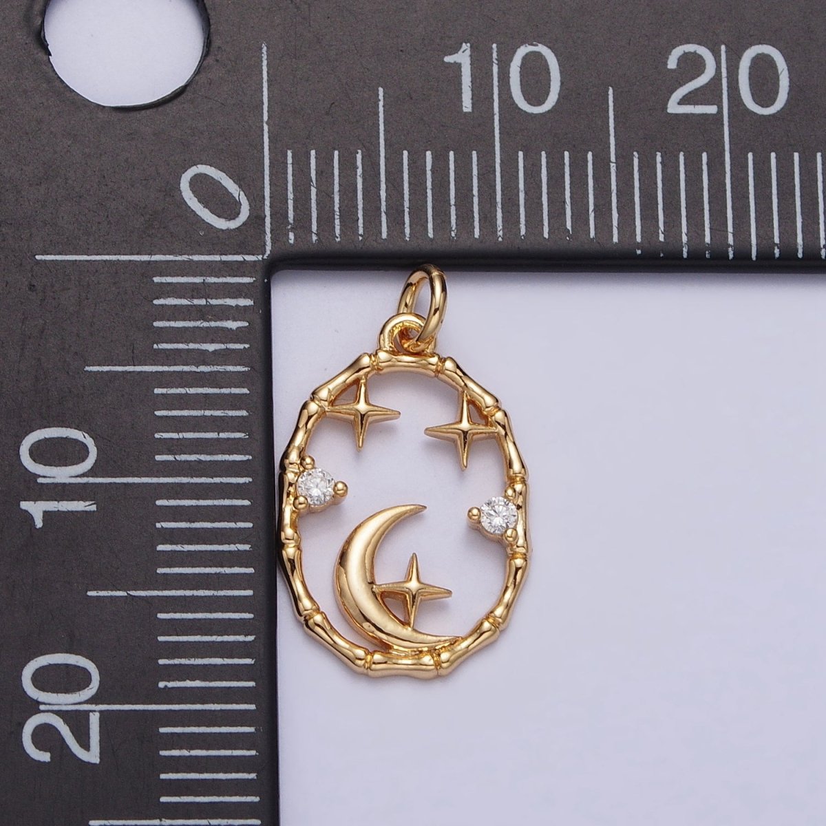 16K Gold Filled Celestial Crescent Moon Stars CZ Open Oval Charm in Gold & Silver N-247 AC-275 - DLUXCA