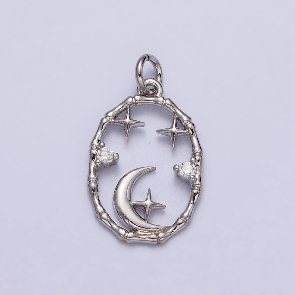 16K Gold Filled Celestial Crescent Moon Stars CZ Open Oval Charm in Gold & Silver N-247 AC-275 - DLUXCA