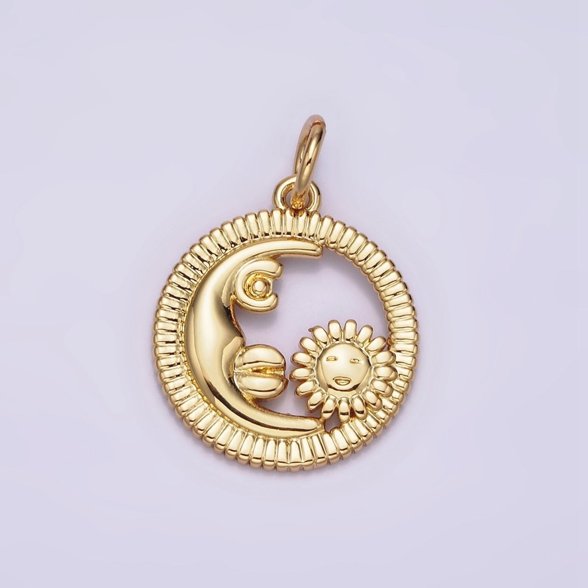 16K Gold Filled Celestial Crescent Moon Sunflower Face Open Round Line-Textured Charm | N980 - DLUXCA