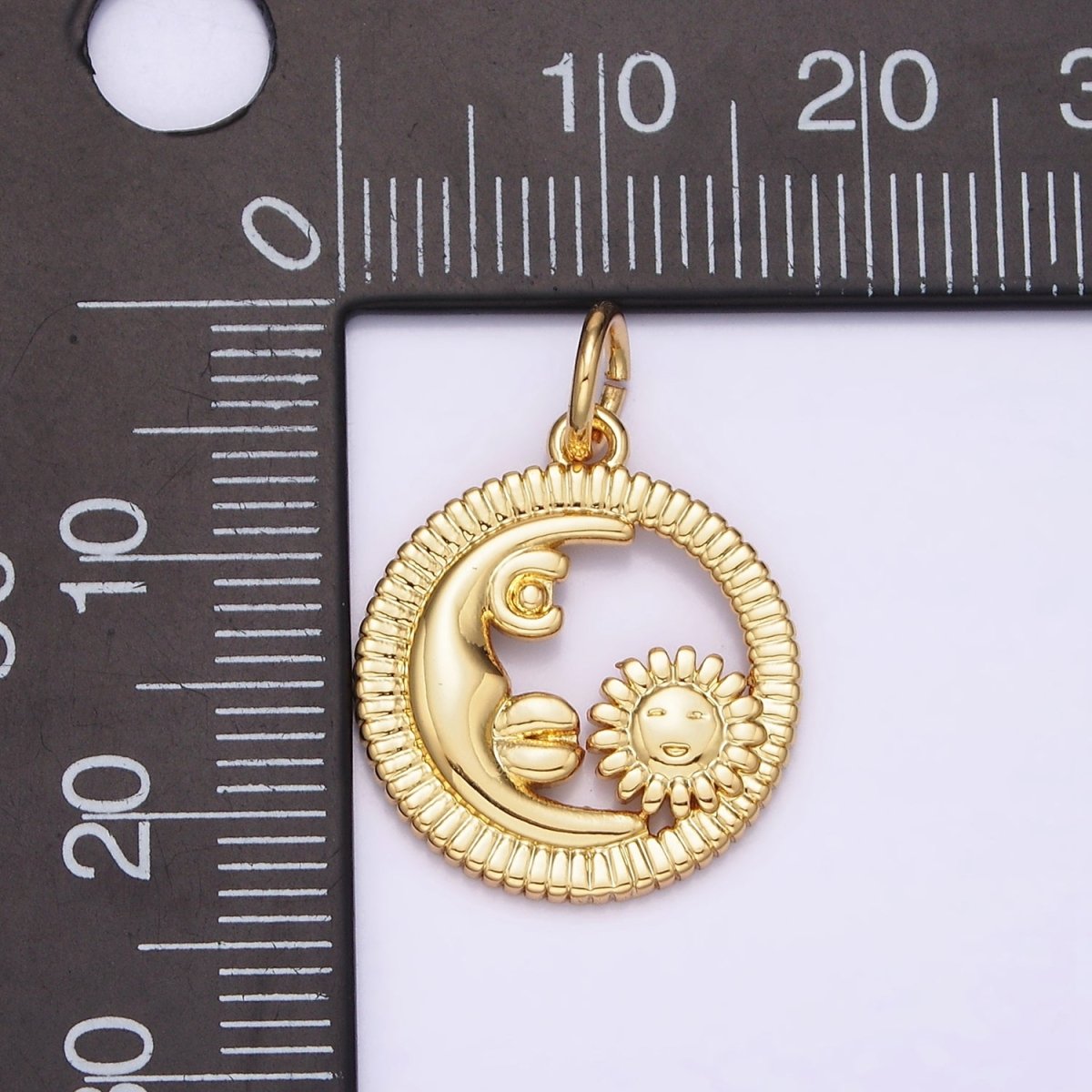 16K Gold Filled Celestial Crescent Moon Sunflower Face Open Round Line-Textured Charm | N980 - DLUXCA