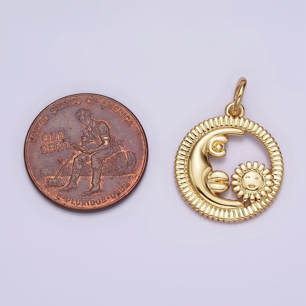 16K Gold Filled Celestial Crescent Moon Sunflower Face Open Round Line-Textured Charm | N980 - DLUXCA