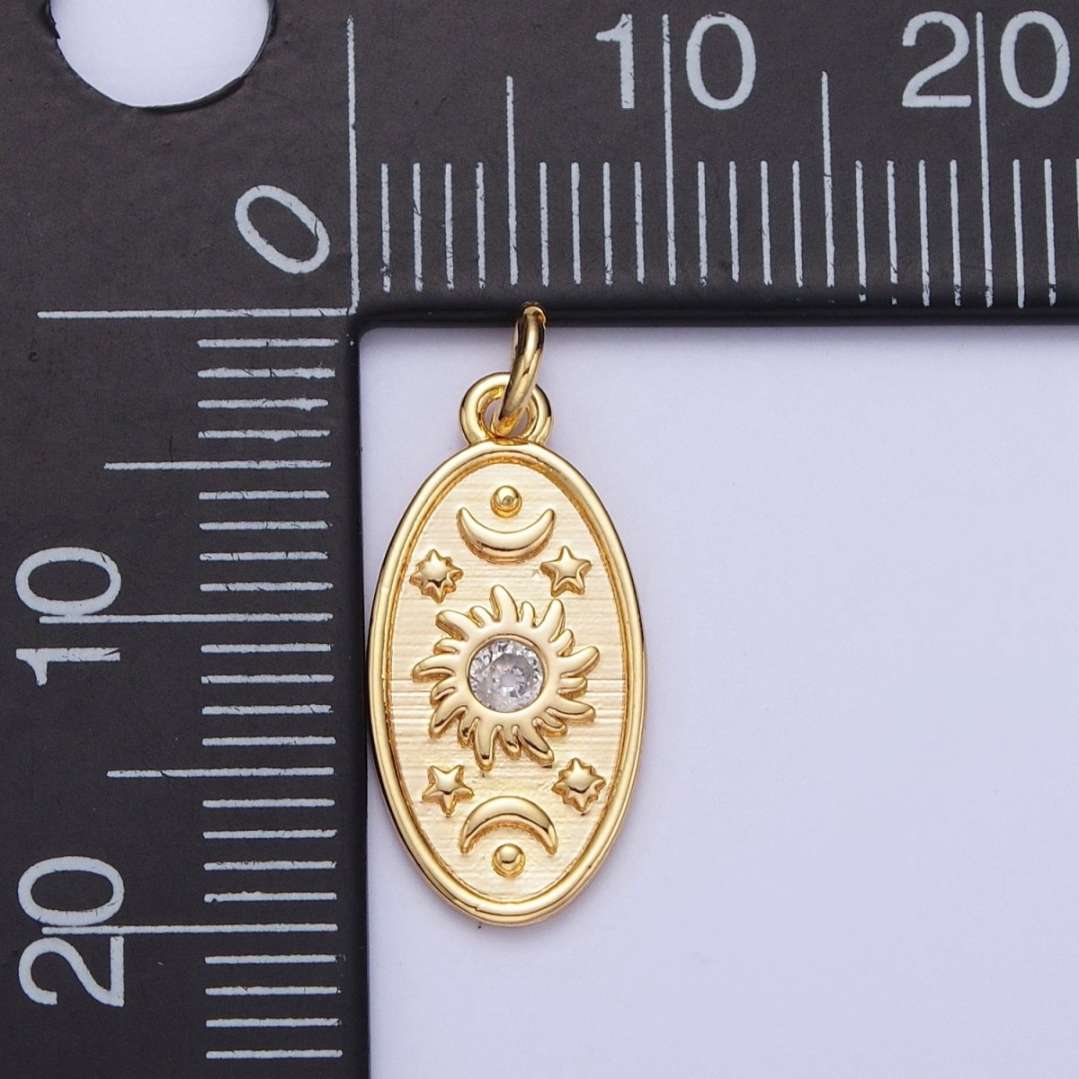 16K Gold Filled Celestial Cubic Zirconia Sun Star Crescent Moon Oval Charm | A-849 - DLUXCA