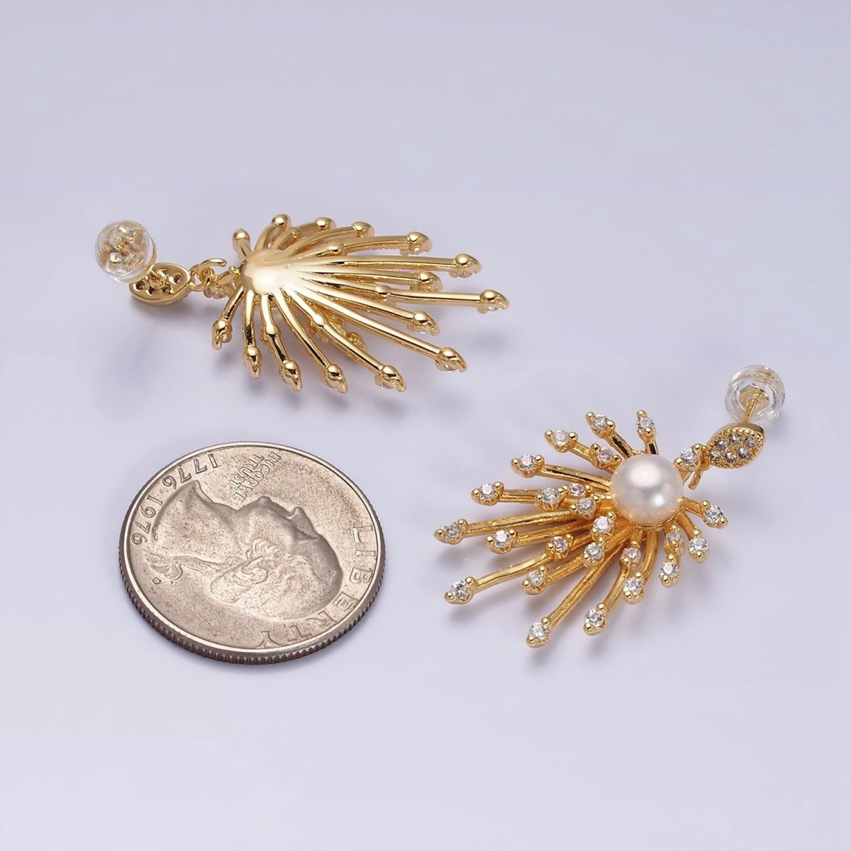 16K Gold Filled Celestial Fireworks Sunburst Pearl CZ Stud Earrings in Gold & Silver | AD1273 AD1274 - DLUXCA