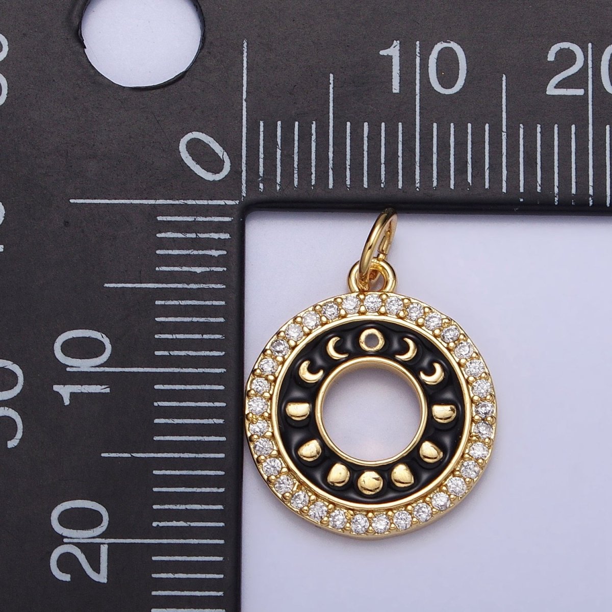 16K Gold Filled Celestial Lunar Moon Phases Black Enamel Micro Paved CZ Open Round Charm in Gold & Silver | AC1264 AC1265 - DLUXCA