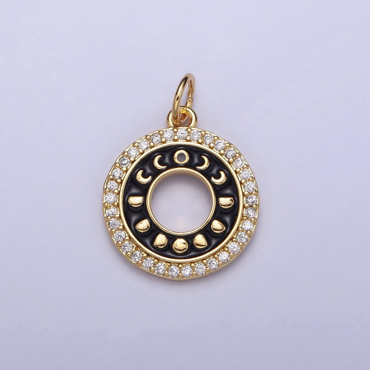 16K Gold Filled Celestial Lunar Moon Phases Black Enamel Micro Paved CZ Open Round Charm in Gold & Silver | AC1264 AC1265 - DLUXCA