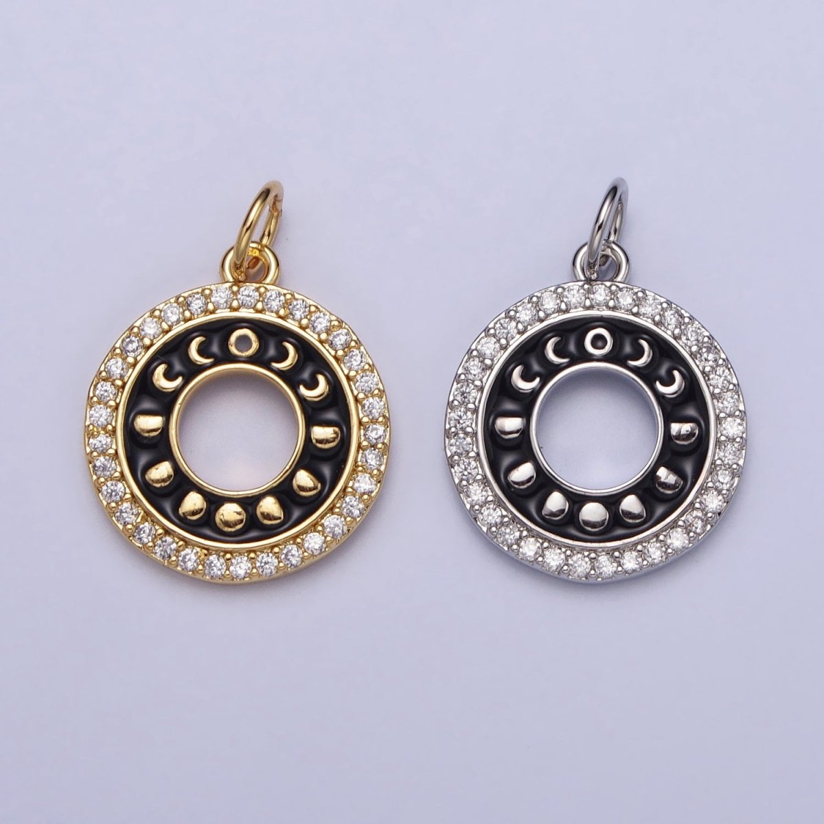 16K Gold Filled Celestial Lunar Moon Phases Black Enamel Micro Paved CZ Open Round Charm in Gold & Silver | AC1264 AC1265 - DLUXCA