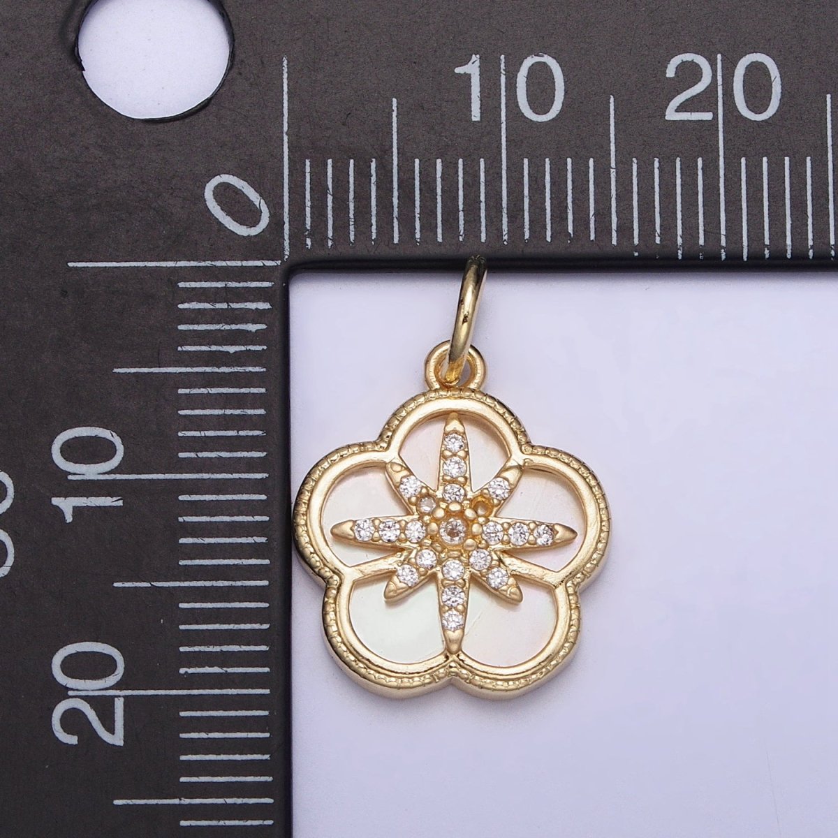 16K Gold Filled Celestial North Star Micro Paved CZ Shell Pearl Flower Charm | AC1055 - DLUXCA