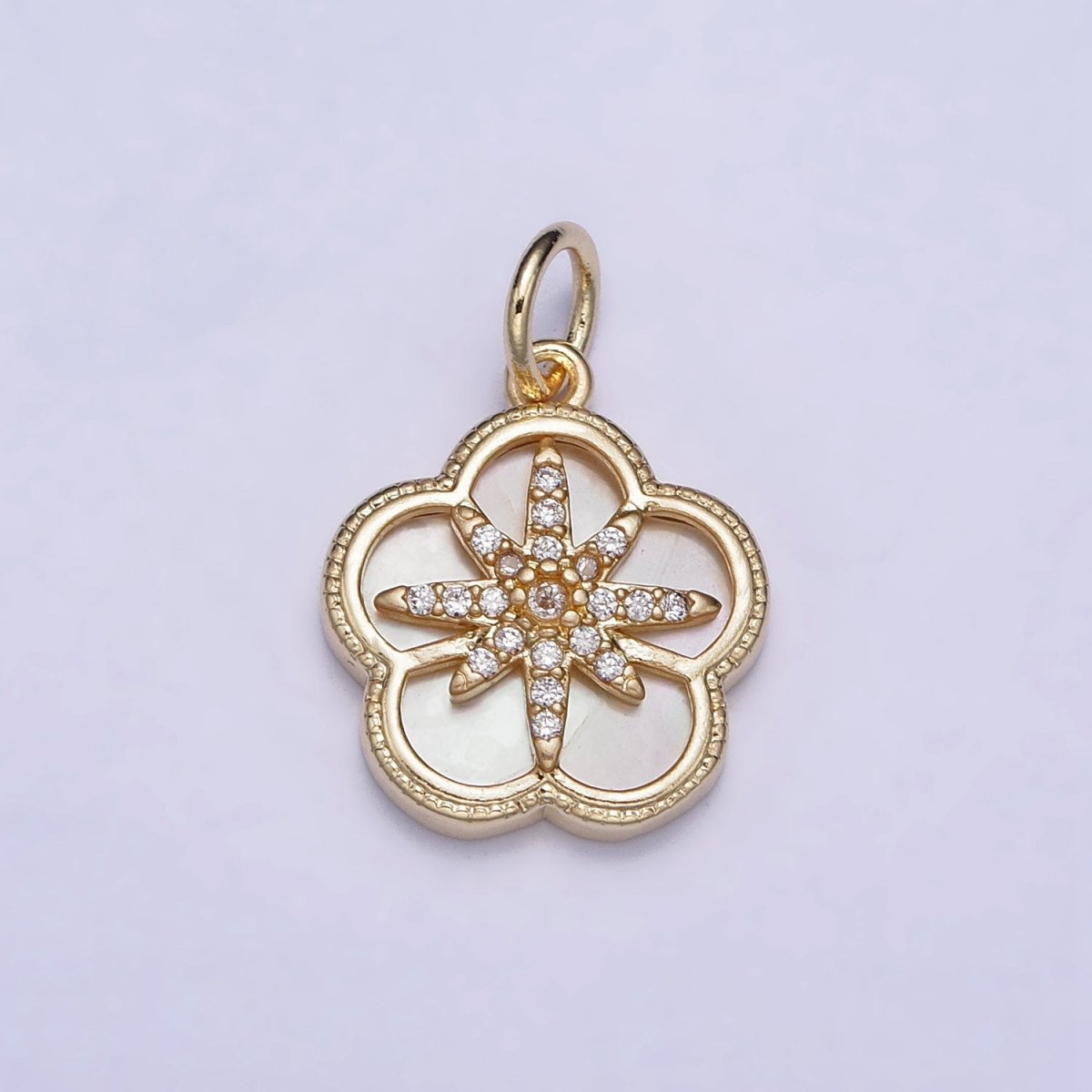 16K Gold Filled Celestial North Star Micro Paved CZ Shell Pearl Flower Charm | AC1055 - DLUXCA