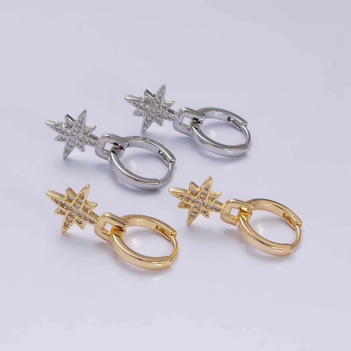 16K Gold Filled Celestial Star Micro Paved Drop Huggie Earrings in Gold & Silver | AD1263 AD1264 - DLUXCA