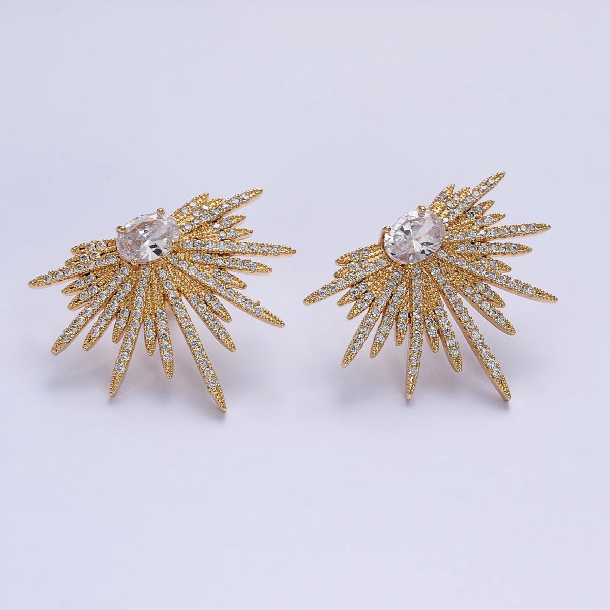 16K Gold Filled Celestial Starburst Oval Micro Paved CZ Stud Earrings in Gold & Silver | AB1537 AB1538 - DLUXCA