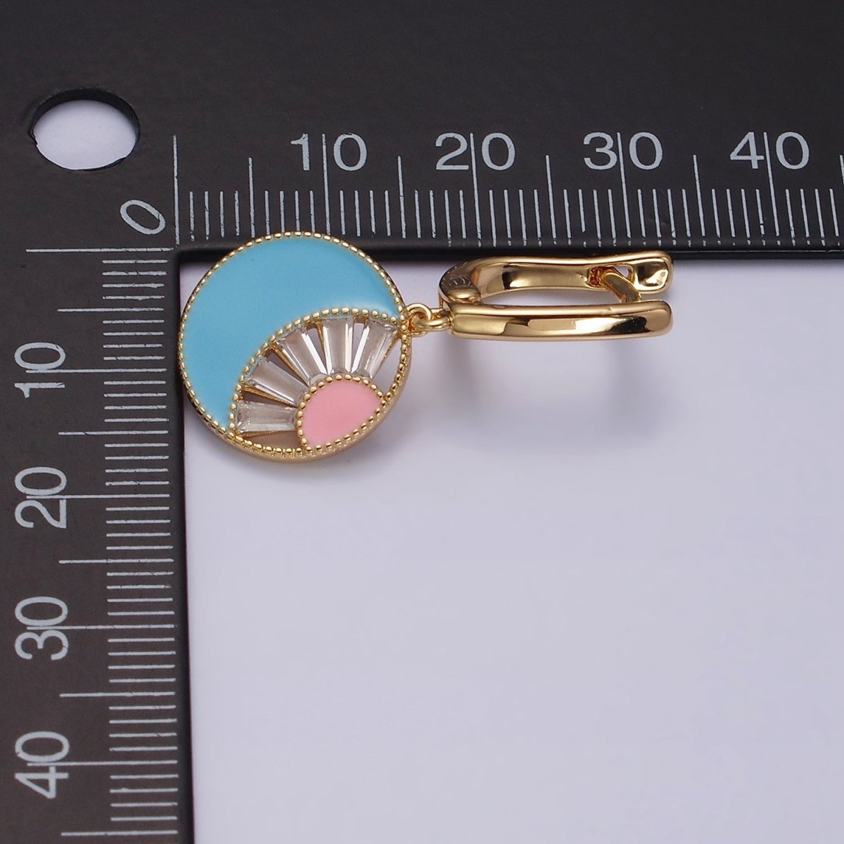 16K Gold Filled Celestial Sun Crescent Moon Blue & Pink Enamel Baguette Drop English Lock Earrings in Gold & Silver | Y-889 Y-890 - DLUXCA
