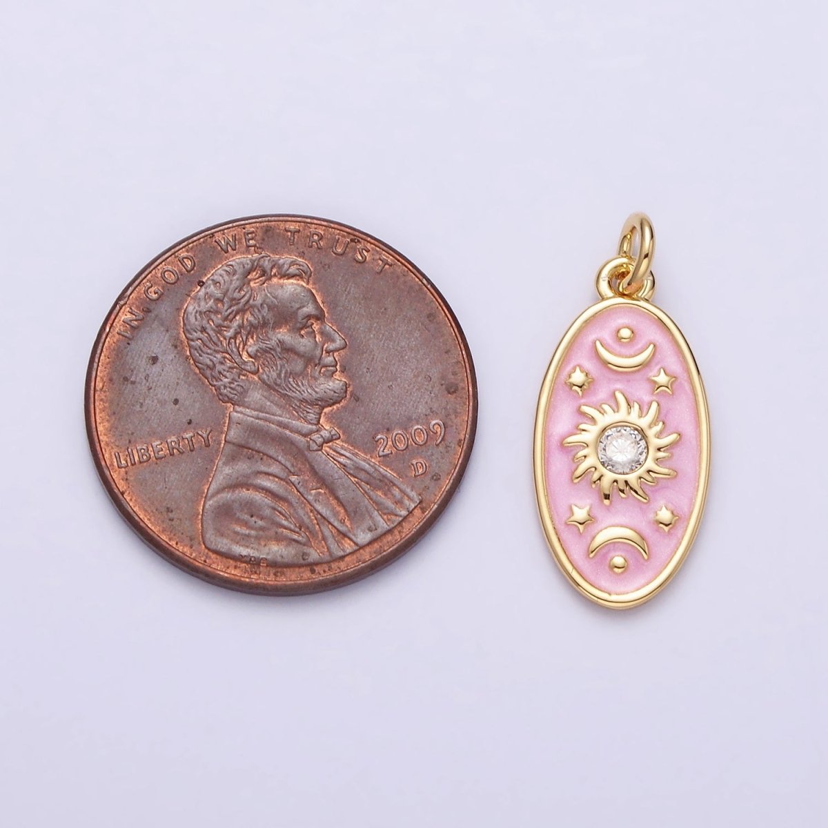 16K Gold Filled Celestial Sun Star Crescent Moon White, Blue, Pink Sparkly Enamel Oval Charm in Gold & Silver | AC1336 - AC1341 - DLUXCA