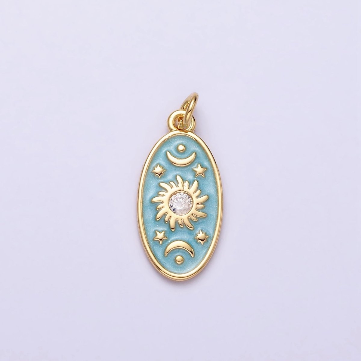 16K Gold Filled Celestial Sun Star Crescent Moon White, Blue, Pink Sparkly Enamel Oval Charm in Gold & Silver | AC1336 - AC1341 - DLUXCA