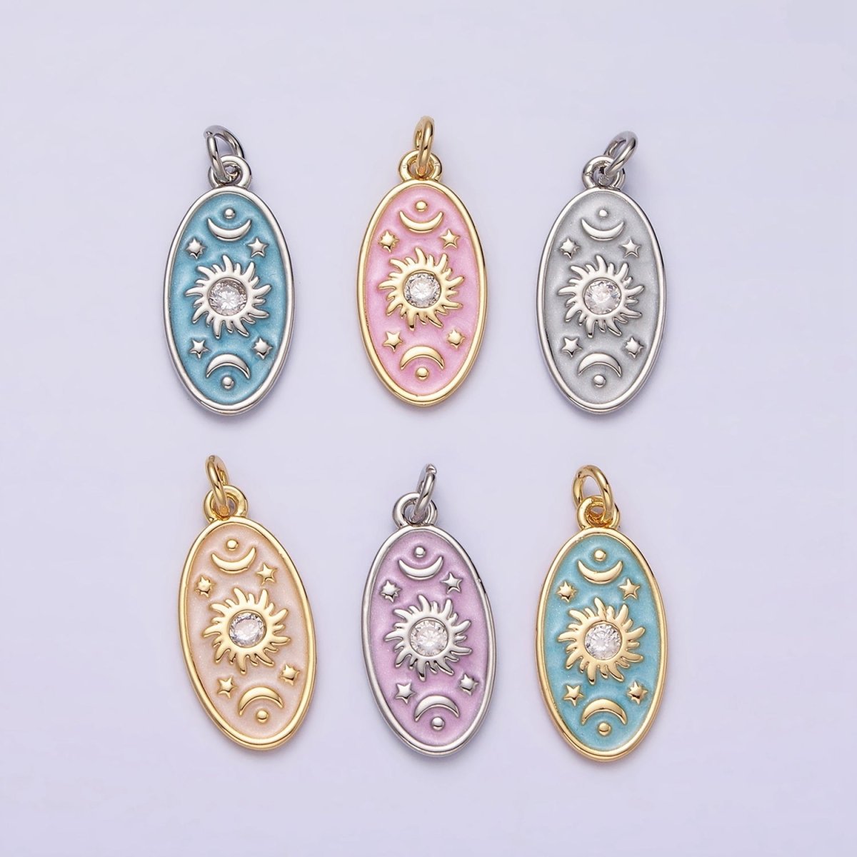 16K Gold Filled Celestial Sun Star Crescent Moon White, Blue, Pink Sparkly Enamel Oval Charm in Gold & Silver | AC1336 - AC1341 - DLUXCA