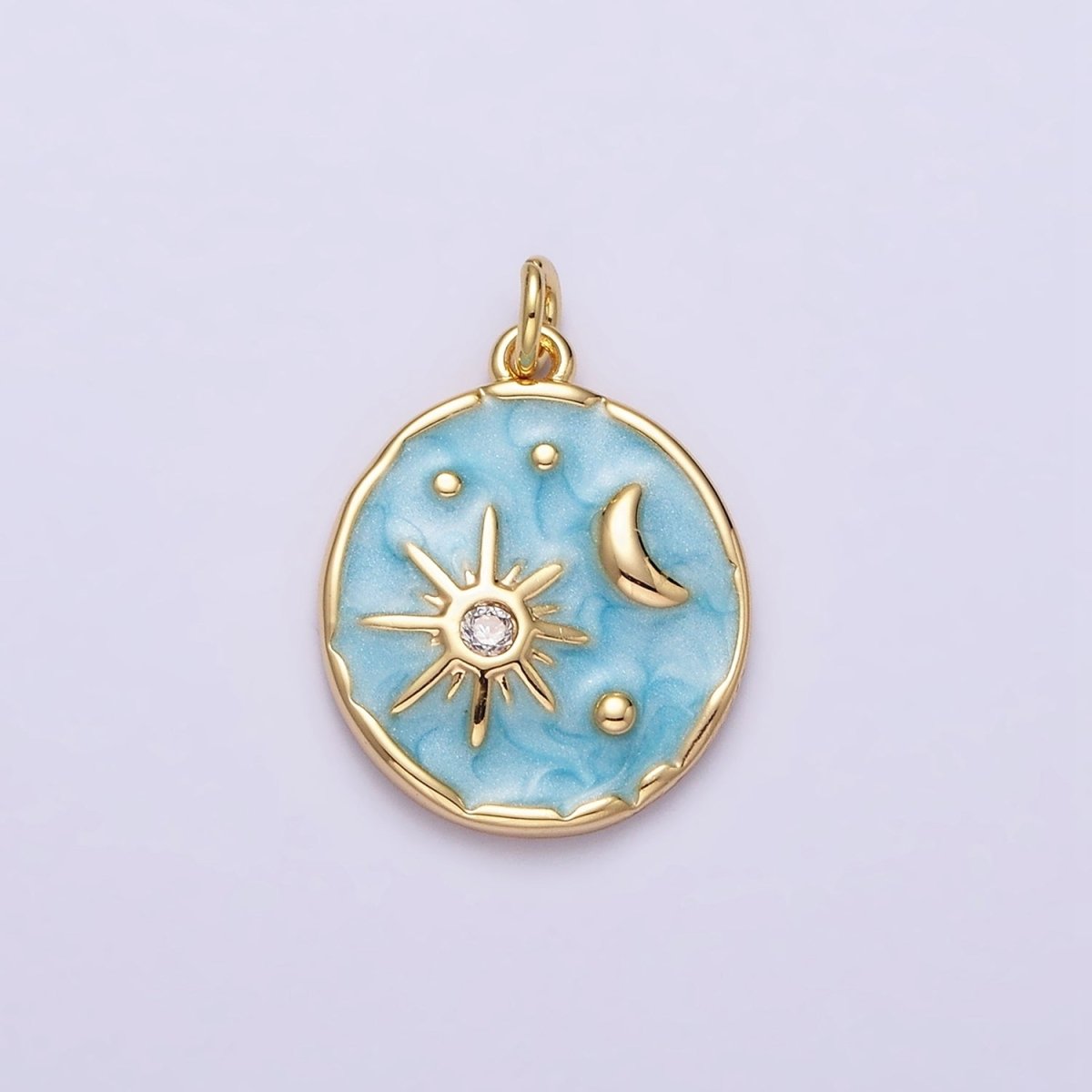 16K Gold Filled Celestial Sun Star Crescent Moon White, Blue, Pink Sparkly Enamel Round Stamped Charm in Gold & Silver | AC1356 - AC1361 - DLUXCA