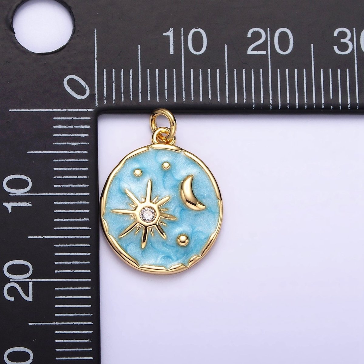 16K Gold Filled Celestial Sun Star Crescent Moon White, Blue, Pink Sparkly Enamel Round Stamped Charm in Gold & Silver | AC1356 - AC1361 - DLUXCA
