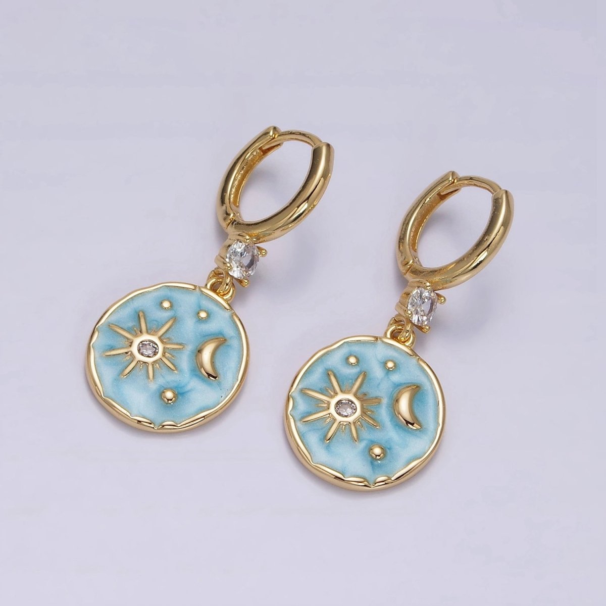 16K Gold Filled Celestial Sun Star Crescent Moon White, Blue, Pink Sparkly Enamel Round Stamped CZ Drop Huggie Earrings | AE831 - AE833 - DLUXCA