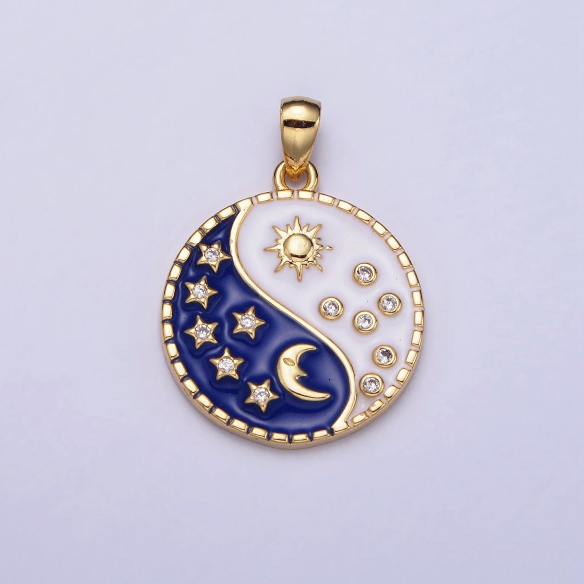 16K Gold Filled Celestial Yin Yang CZ Star White Sun Blue Moon Enamel Pendant in Gold & Silver | AA533 AA534 - DLUXCA