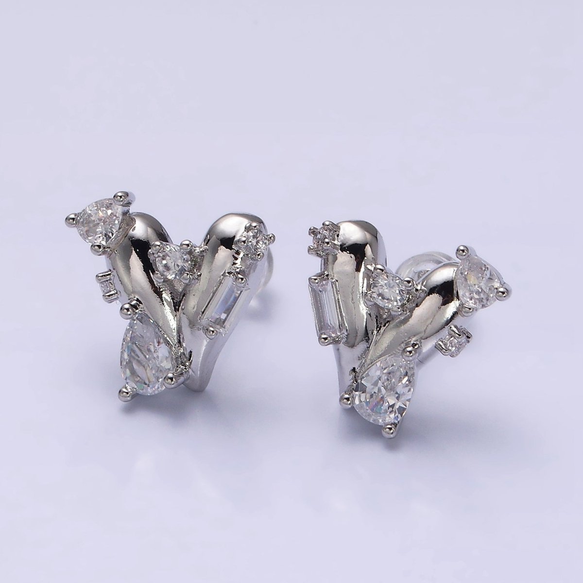 16K Gold Filled Chubby Heart Clear Baguette Teardrop CZ Stud Earrings in Gold & Silver | AD1060 AD1061 - DLUXCA
